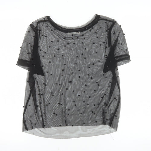 Zara Women Black Beaded Mesh Short Sleeve Sheer Top M