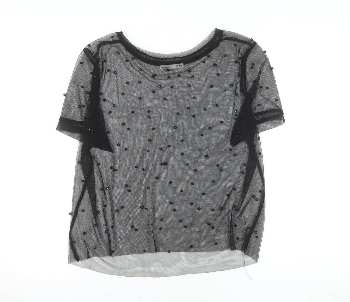 Zara Women Black Beaded Mesh Short Sleeve Sheer Top M