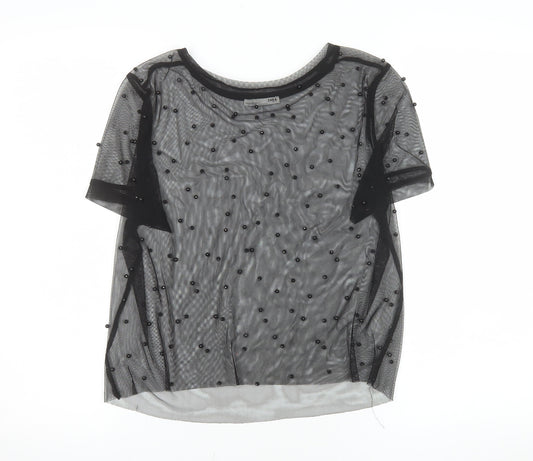 Zara Women Black Beaded Mesh Short Sleeve Sheer Top M