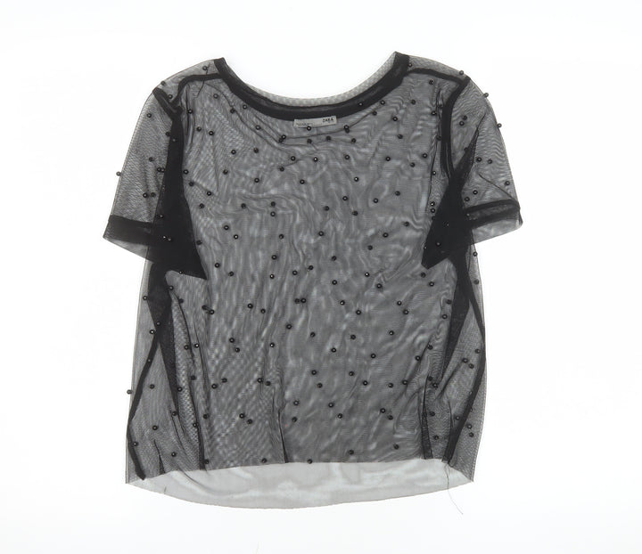 Zara Women Black Beaded Mesh Short Sleeve Sheer Top M
