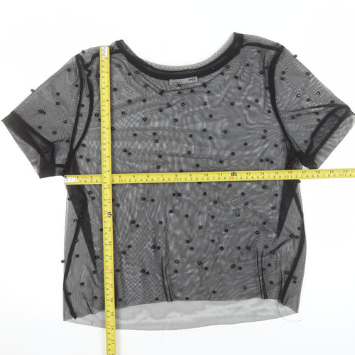 Zara Women Black Beaded Mesh Short Sleeve Sheer Top M