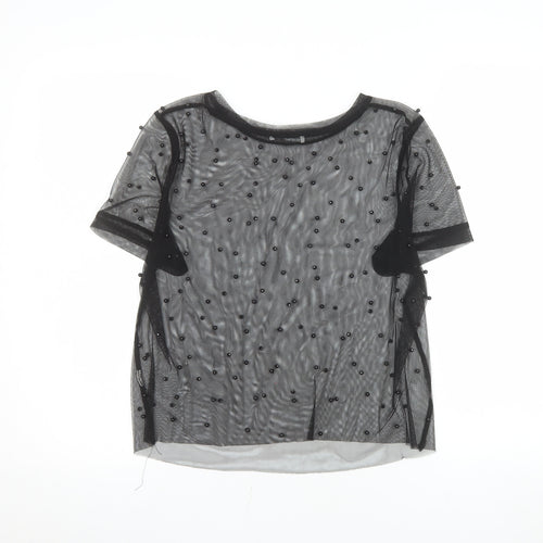 Zara Women Black Beaded Mesh Short Sleeve Sheer Top M