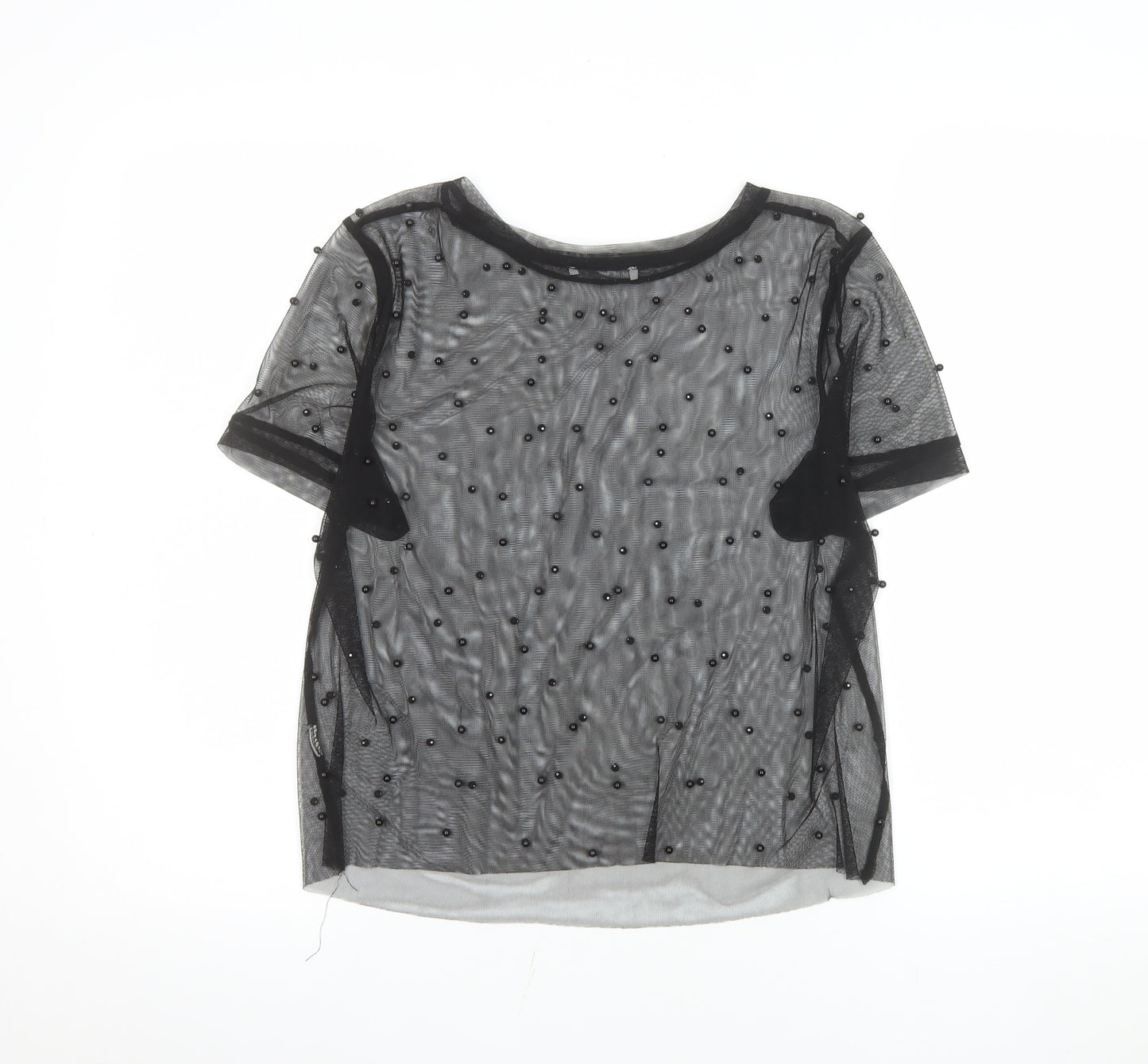 Zara Women Black Beaded Mesh Short Sleeve Sheer Top M