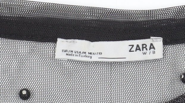 Zara Women Black Beaded Mesh Short Sleeve Sheer Top M