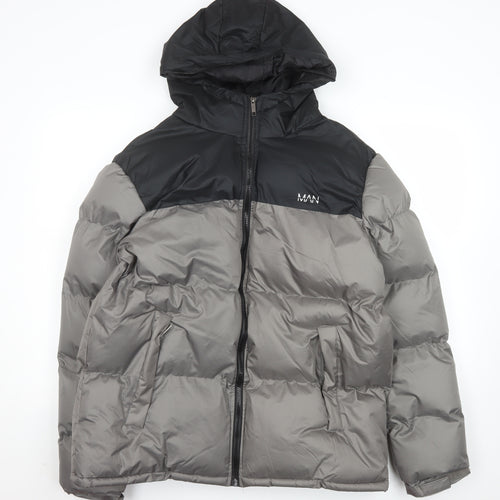 boohooMAN Men’s Grey Black Hooded Puffer Jacket 2XL Winter Coat