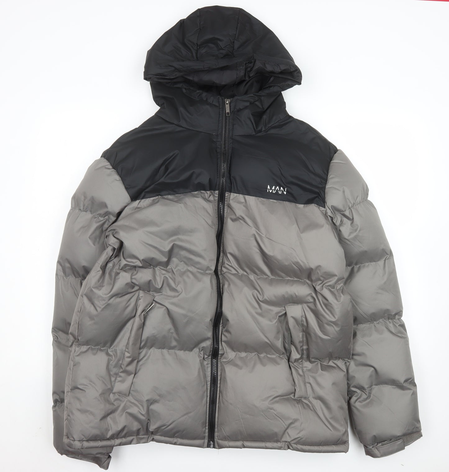boohooMAN Men’s Grey Black Hooded Puffer Jacket 2XL Winter Coat