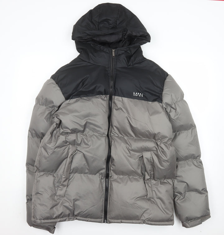boohooMAN Men’s Grey Black Hooded Puffer Jacket 2XL Winter Coat