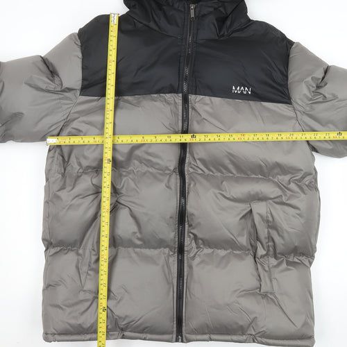 boohooMAN Men’s Grey Black Hooded Puffer Jacket 2XL Winter Coat