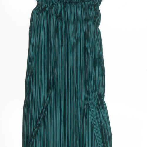Boohoo Women Green Pleated Satin Slip Maxi Dress Size 10