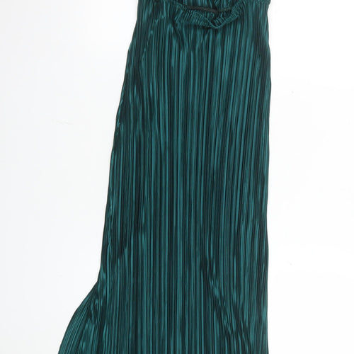 Boohoo Women Green Pleated Satin Slip Maxi Dress Size 10