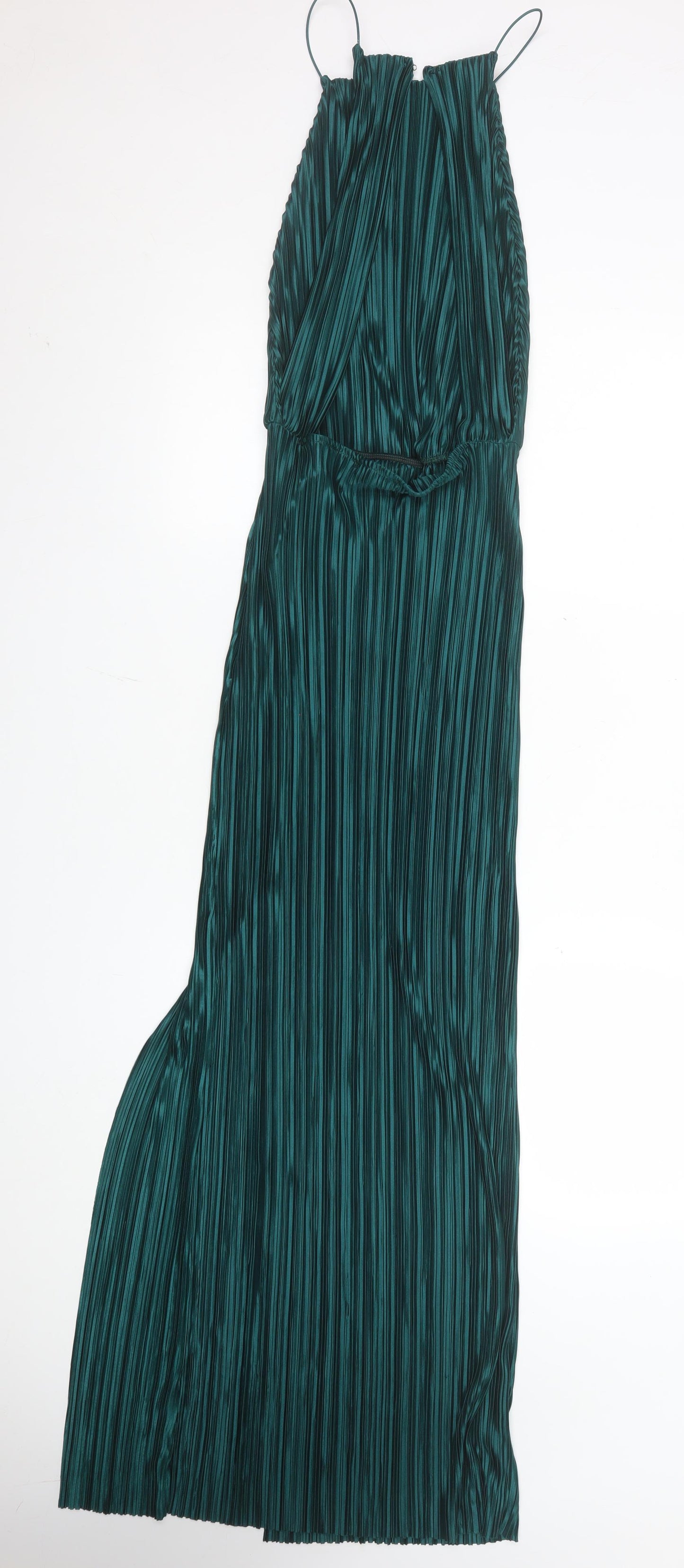 Boohoo Women Green Pleated Satin Slip Maxi Dress Size 10