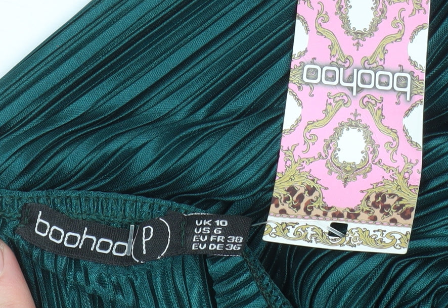 Boohoo Women Green Pleated Satin Slip Maxi Dress Size 10