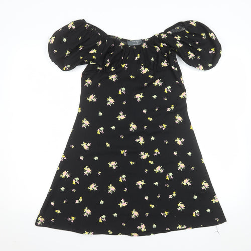Primark Women's Black Floral Short Puff Sleeve A-Line Dress Size S