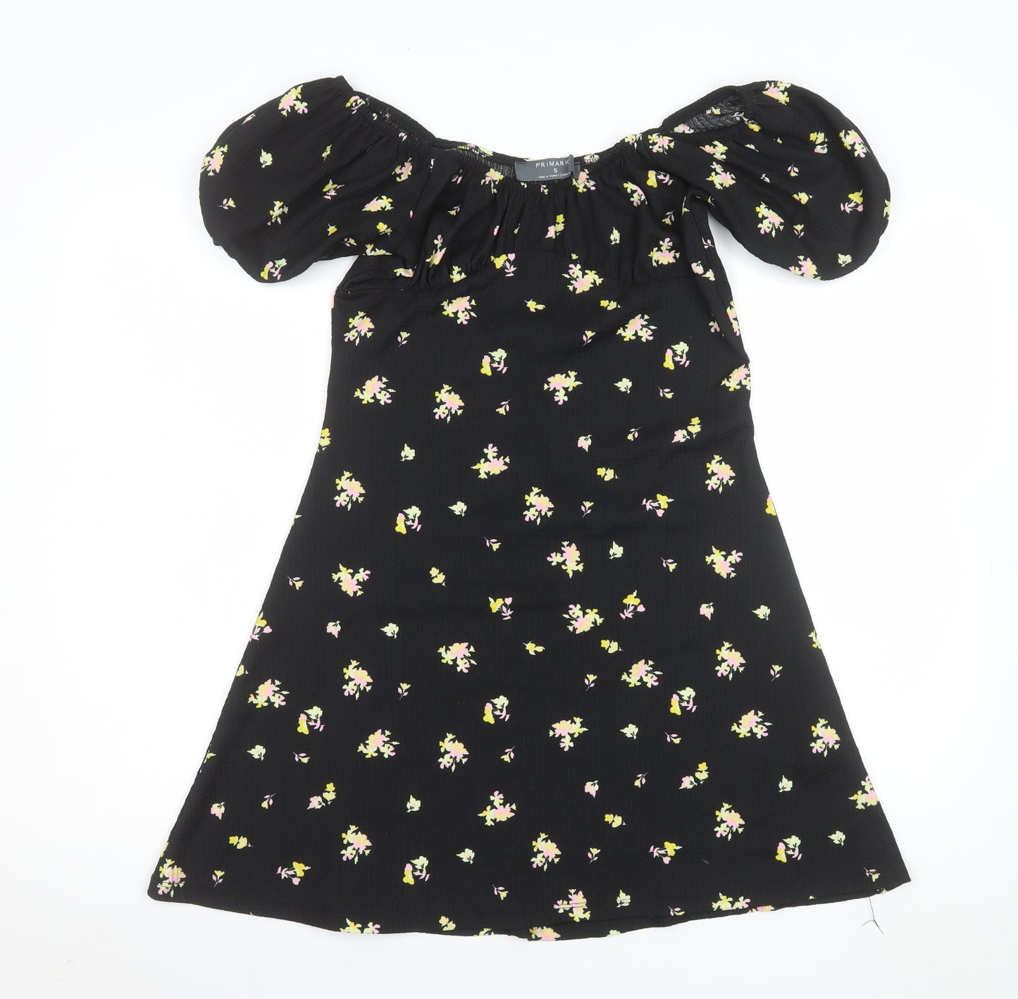 Primark Women's Black Floral Short Puff Sleeve A-Line Dress Size S