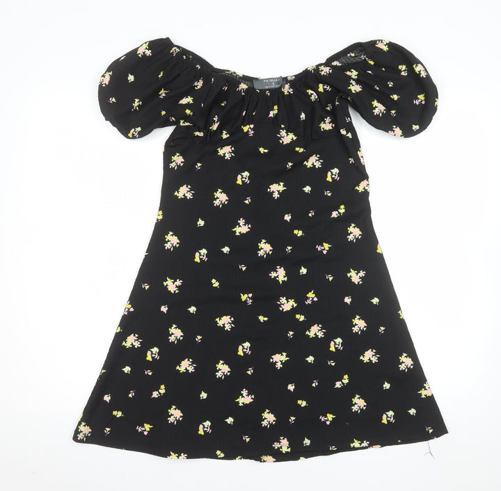 Primark Women's Black Floral Short Puff Sleeve A-Line Dress Size S