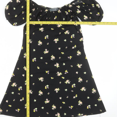 Primark Women's Black Floral Short Puff Sleeve A-Line Dress Size S