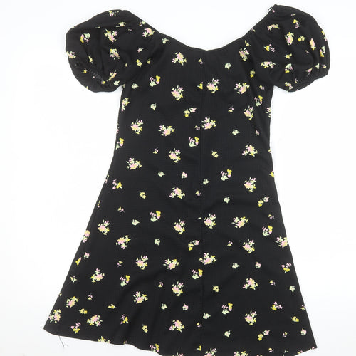 Primark Women's Black Floral Short Puff Sleeve A-Line Dress Size S