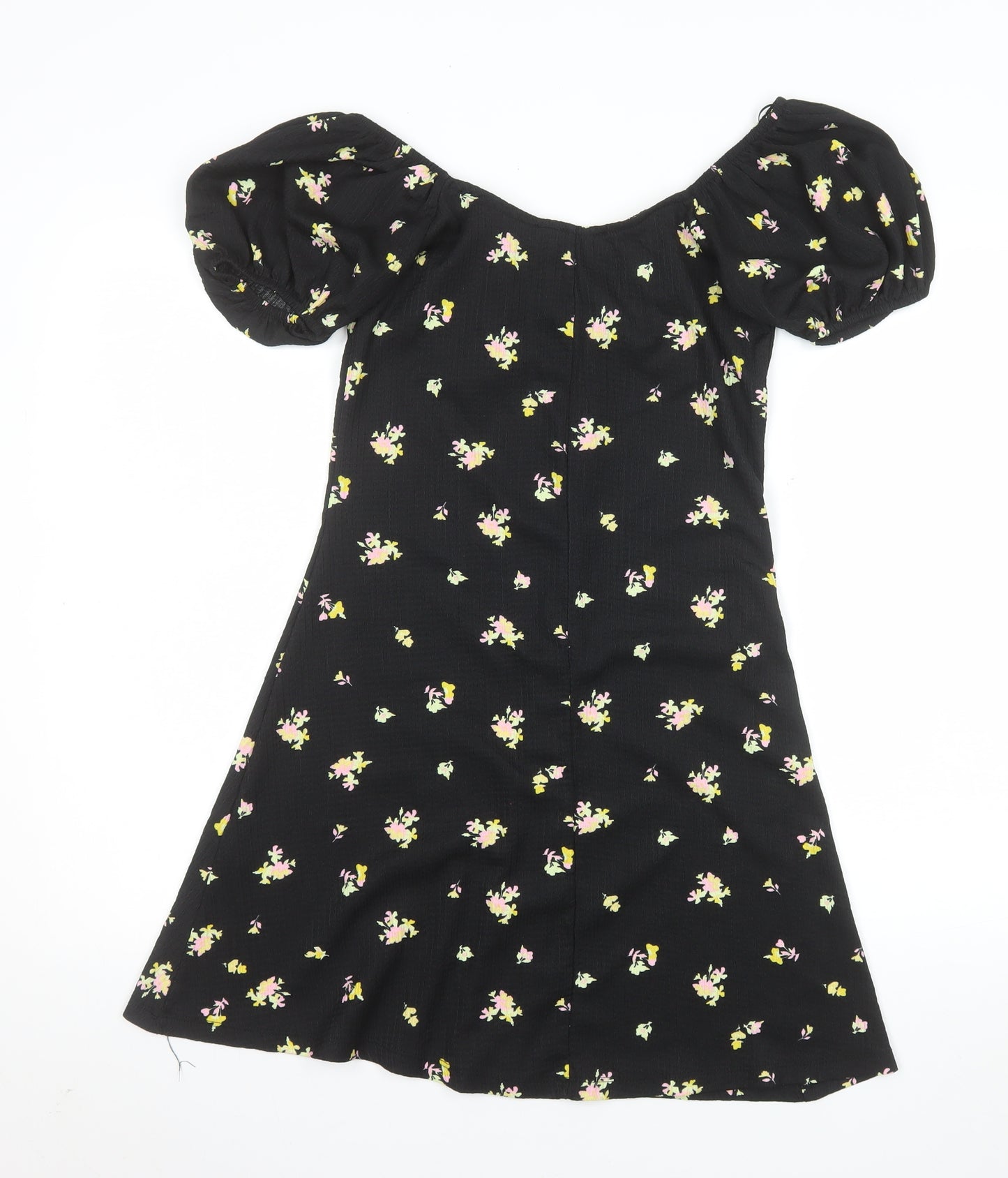 Primark Women's Black Floral Short Puff Sleeve A-Line Dress Size S