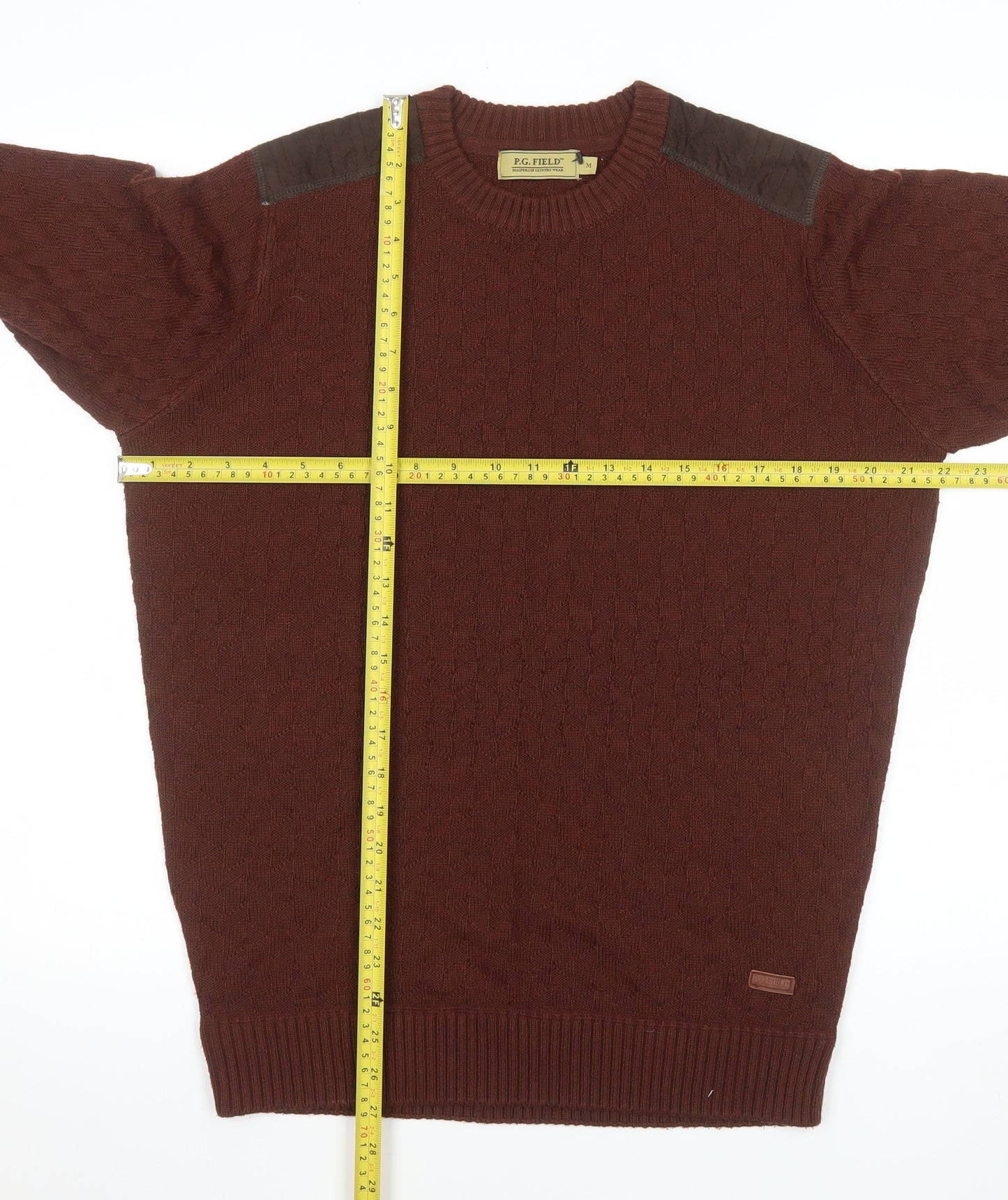 P.G. Field Men's Brown Wool Crew Neck Cable-Knit Jumper M