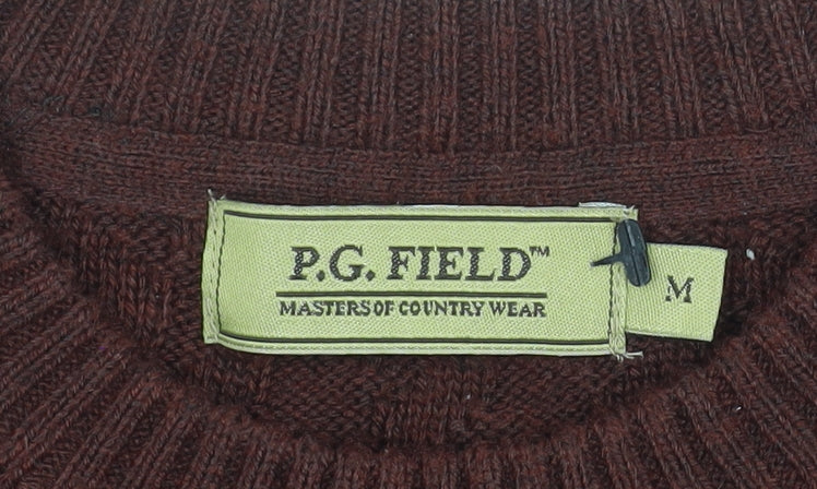 P.G. Field Men's Brown Wool Crew Neck Cable-Knit Jumper M