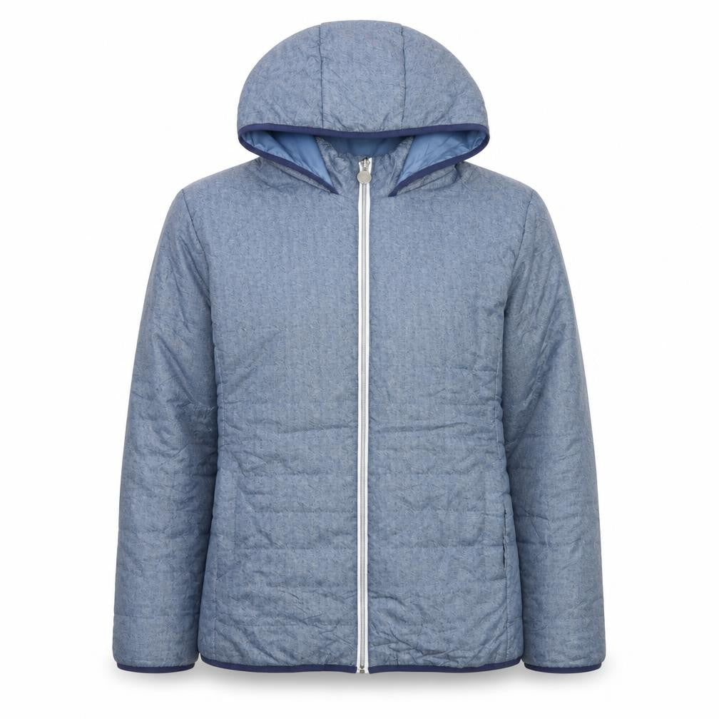 Front view of Nathalie Andersen Women's Blue Hooded Full Zip Puffer Jacket XL