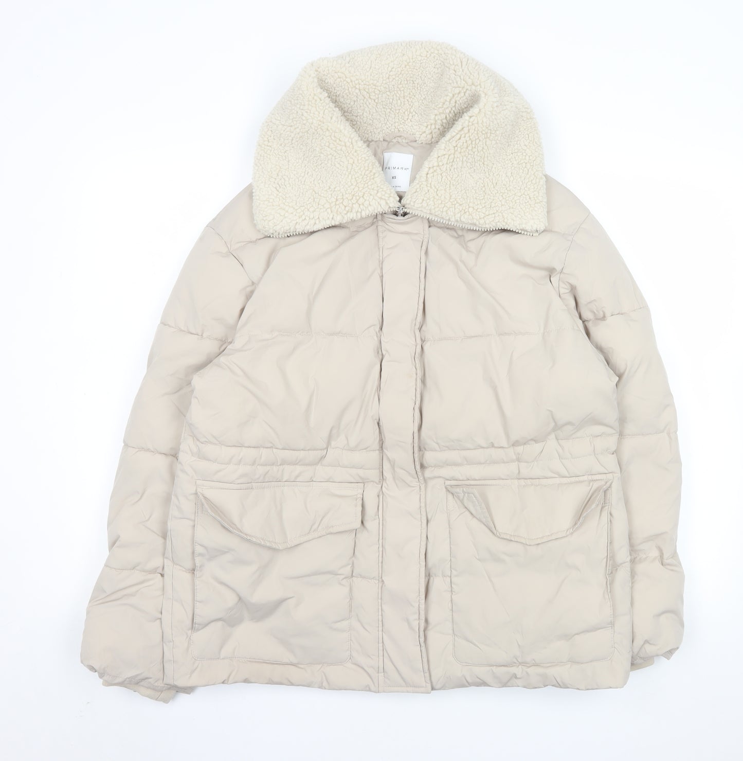 Primark Women’s Beige XS Puffer Jacket with Faux Shearling Collar
