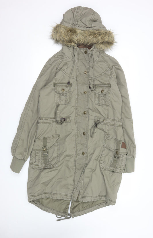 Joe Browns Women’s Beige Parka Coat Size 18 Hooded Fur Trim Lined Long
