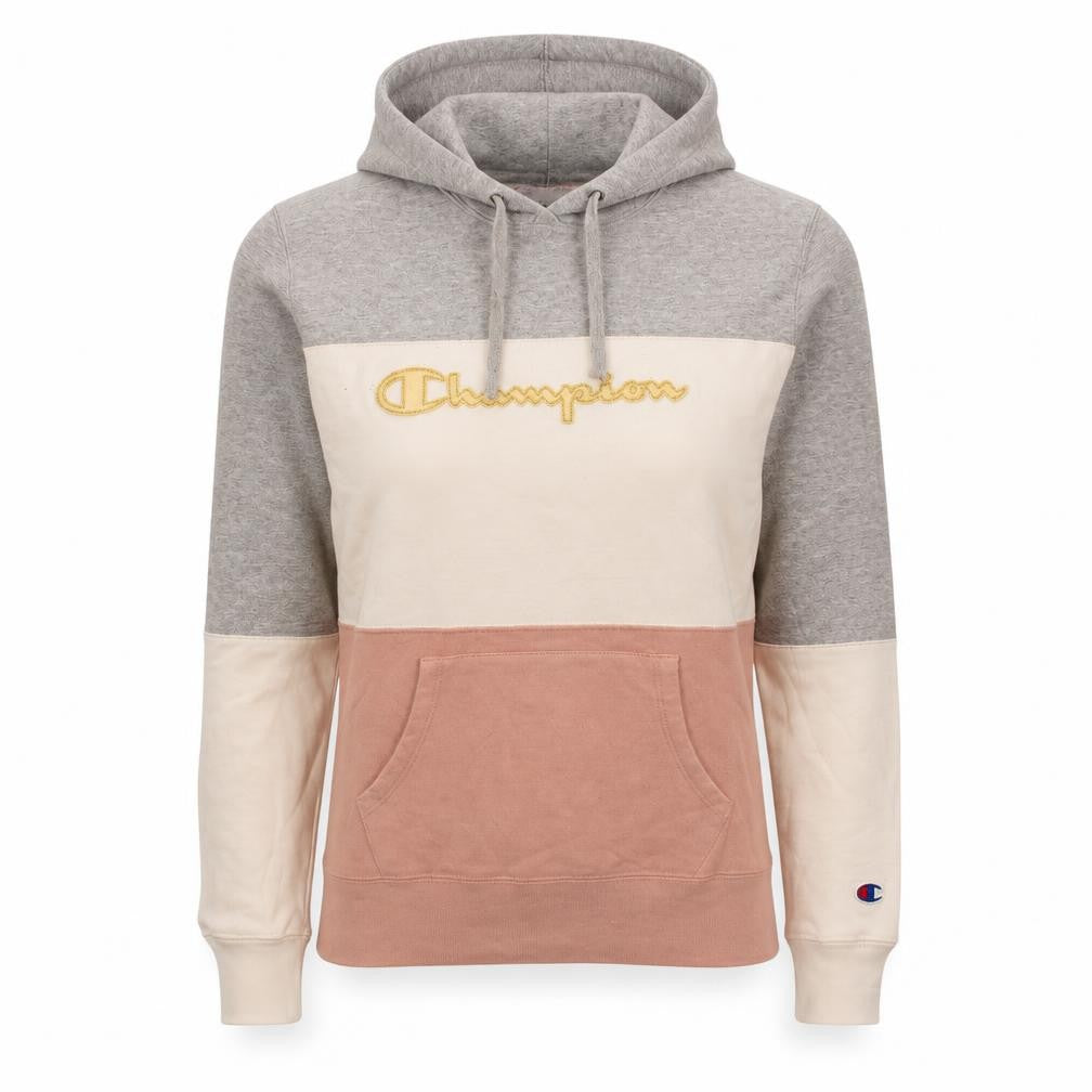 Front view of Champion women’s xs colourblock grey pink pullover hoodie