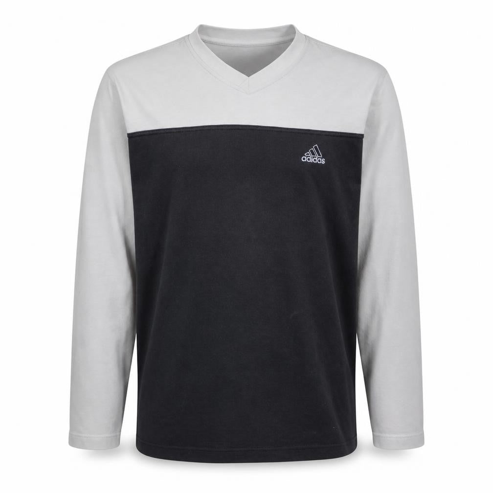 Front view of Adidas men’s grey black v-neck pullover sweatshirt, size M