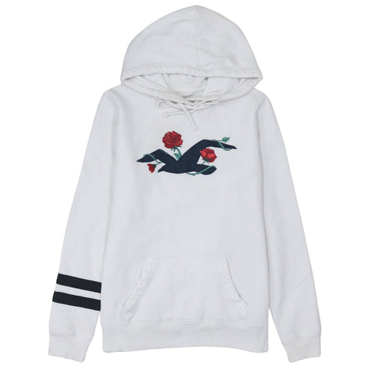 Hollister Men White Embroidered Rose Pullover Hoodie Size L