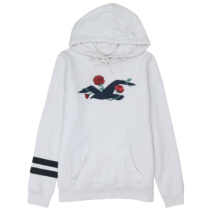 Hollister Men White Embroidered Rose Pullover Hoodie Size L