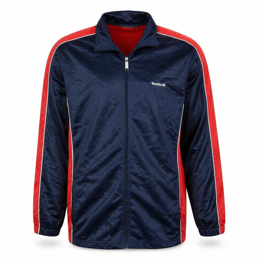 Front view of Reebok men’s navy red track jacket xl full zip windbreaker