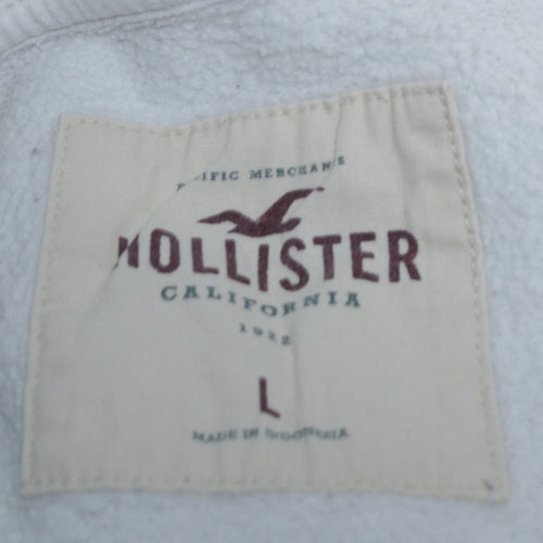 Hollister Mens White Pullover Hoodie L Logo Fleece Sweatshirt