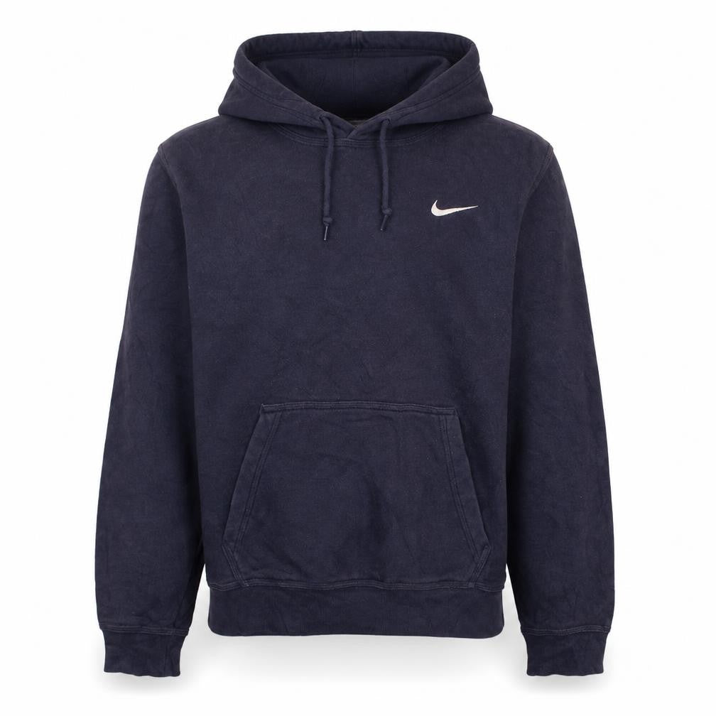 Front view of Nike Men's Blue Small Pullover Hoodie with Logo and Drawstring