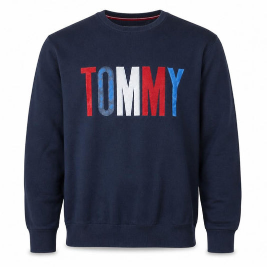 Front view of Tommy Hilfiger Men's Blue XL Pullover Sweatshirt Crew Neck Logo