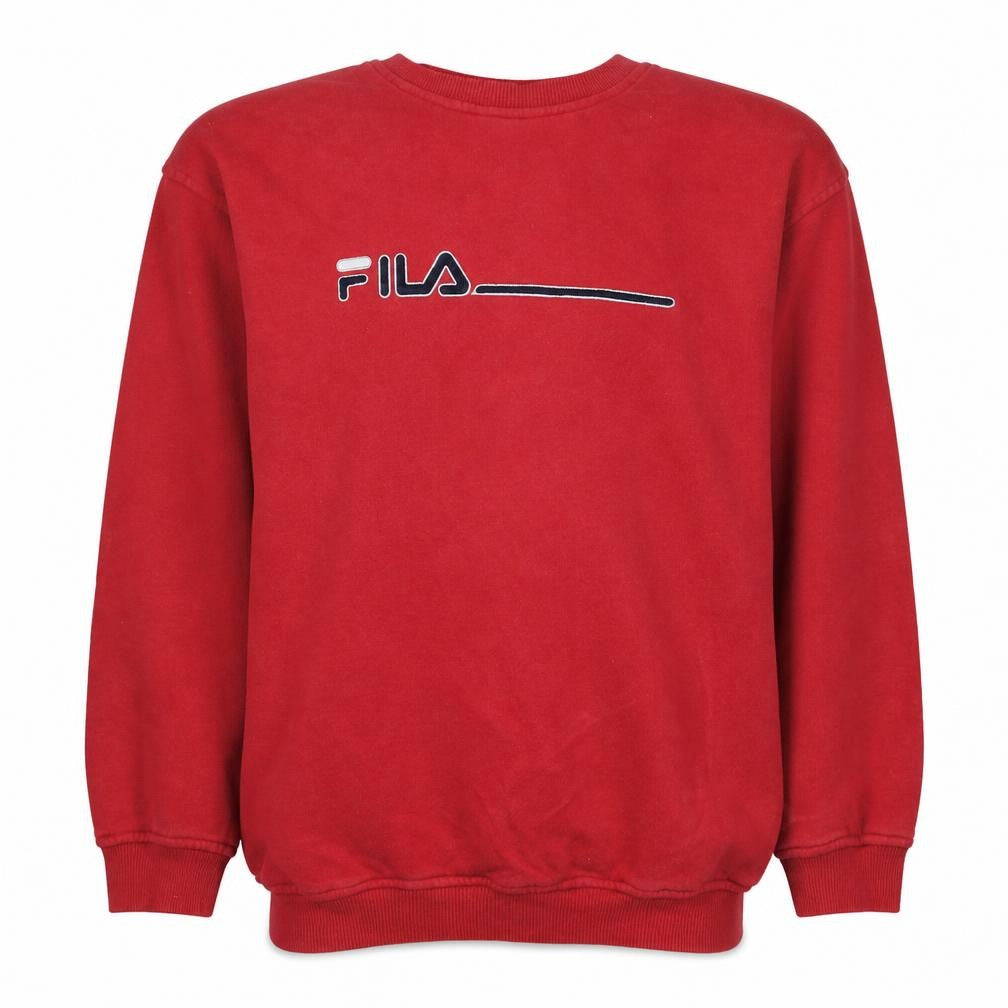 Front view of Fila men’s red crew neck pullover sweatshirt, size S, logo print