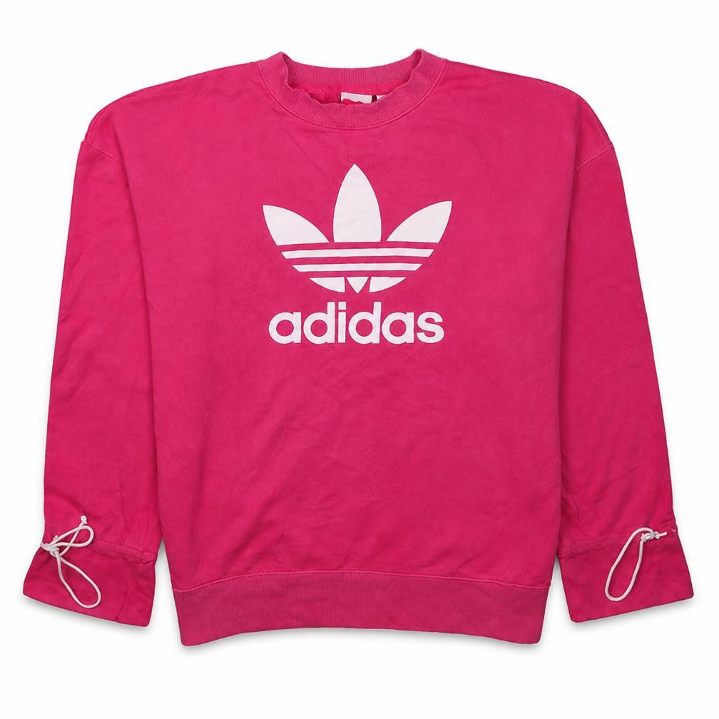 Front view of Adidas women’s pink logo pullover sweatshirt, size UK 14