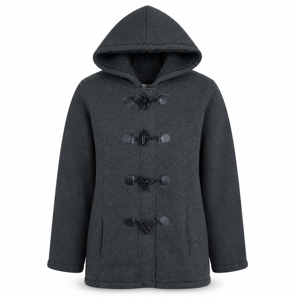 Front view of Lee Cooper women’s charcoal hooded buckle cape coat, size UK 16