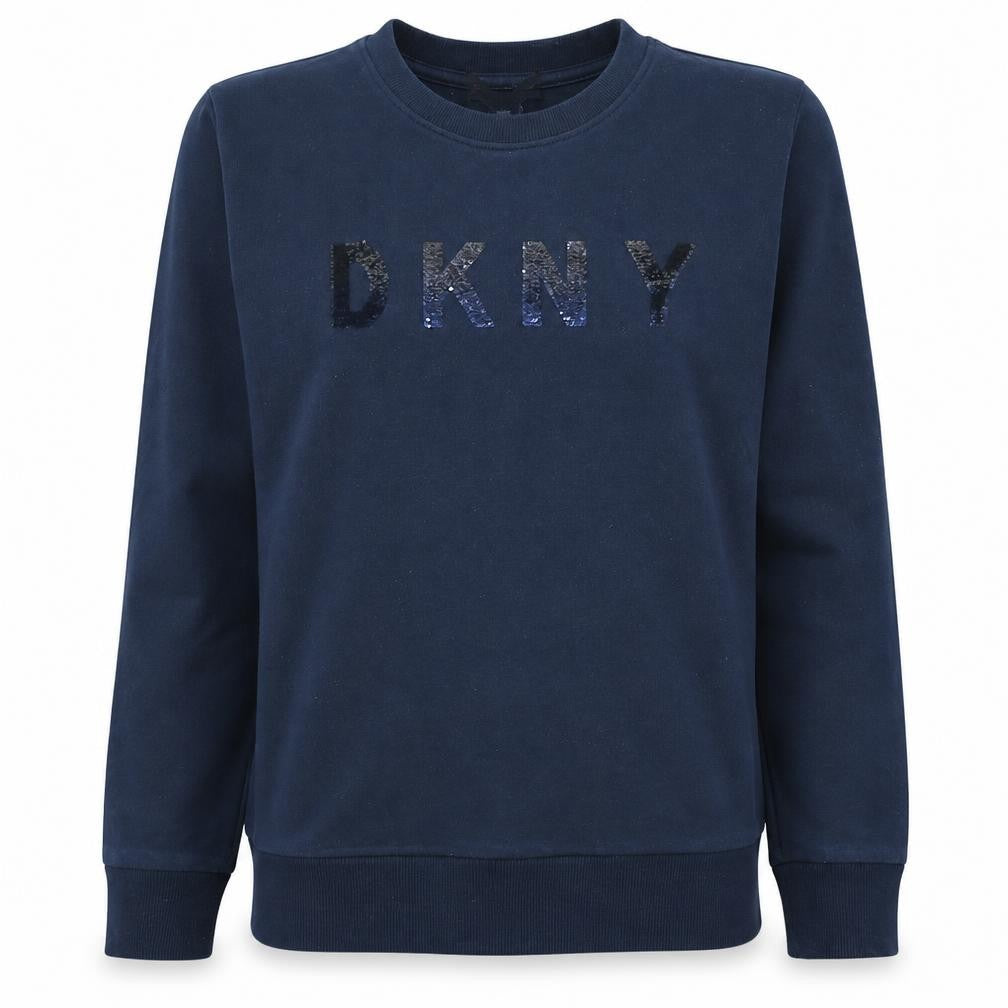 Front view of DKNY Jeans Women's Navy Blue Sequin Logo Pullover Sweatshirt, size S