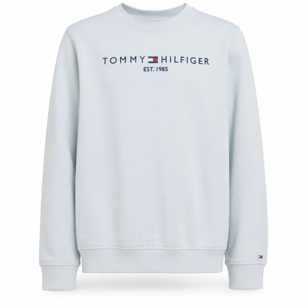 Front view of Tommy Hilfiger boys’ white cotton crew neck sweatshirt, size 164