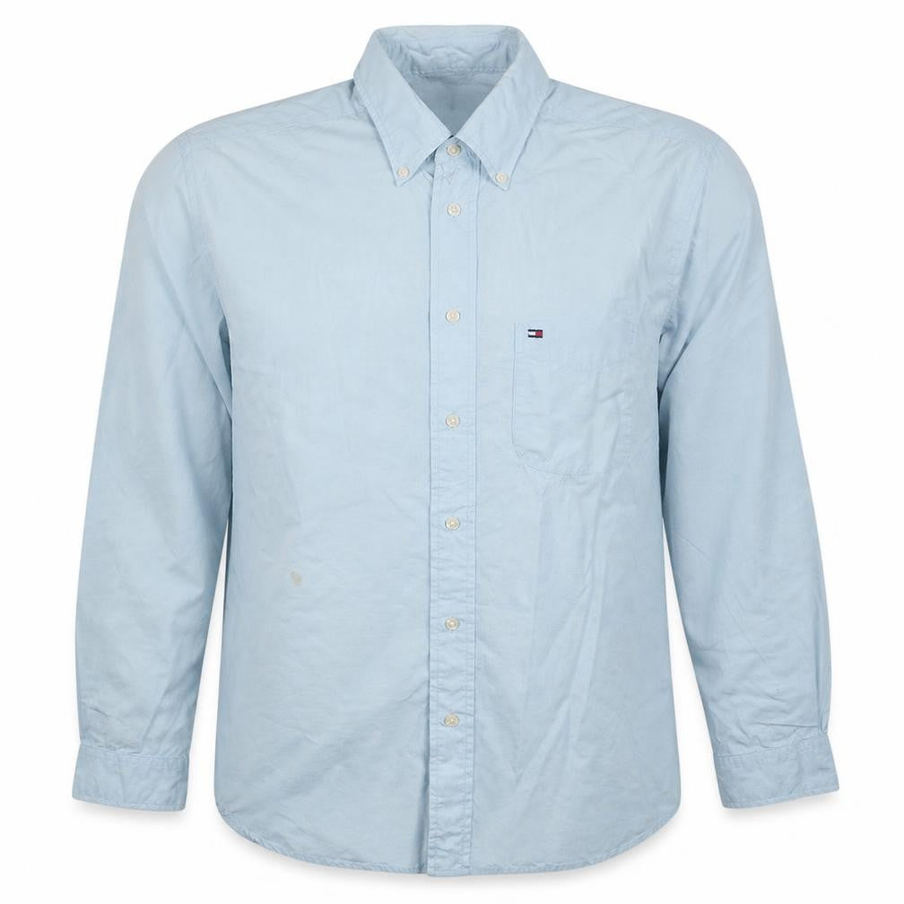 Front view of Tommy Hilfiger Men's Blue Button-Down Long Sleeve Cotton Shirt M