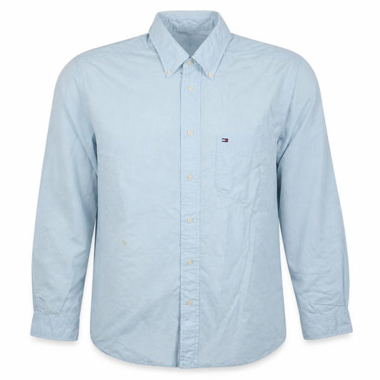 Front view of Tommy Hilfiger Men's Blue Button-Down Long Sleeve Cotton Shirt M