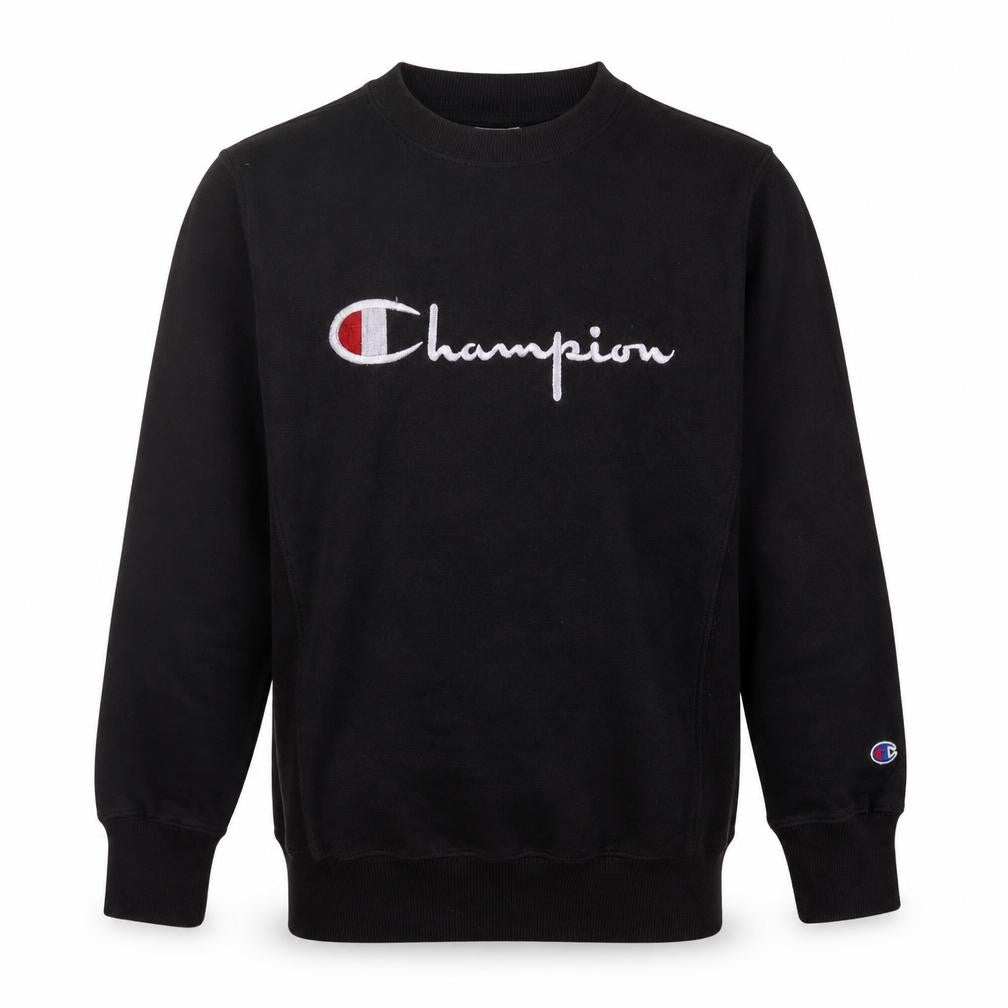 Front view of Champion Men's Black Crew Neck Pullover Sweatshirt L