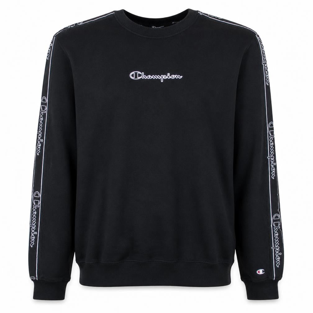 Front view of Champion Men's Black Logo Tape Crew Neck Sweatshirt, size L