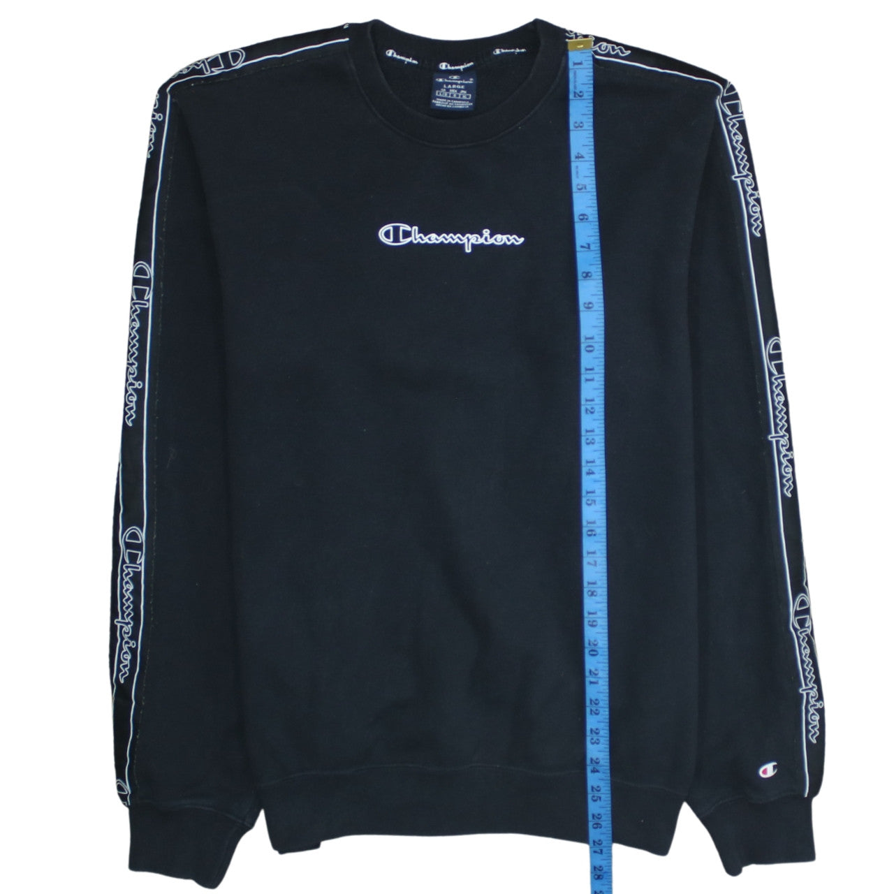 Champion Men's Black Logo Tape Crew Neck Sweatshirt Size L