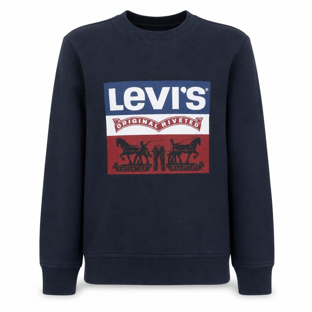 Front view of Levi's boys’ blue logo crew neck pullover sweatshirt -, size 14, years