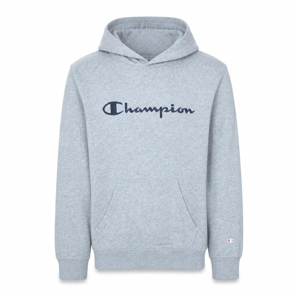 Front view of Champion Men’s Grey Pullover Hoodie Medium Logo Fleece Sweatshirt