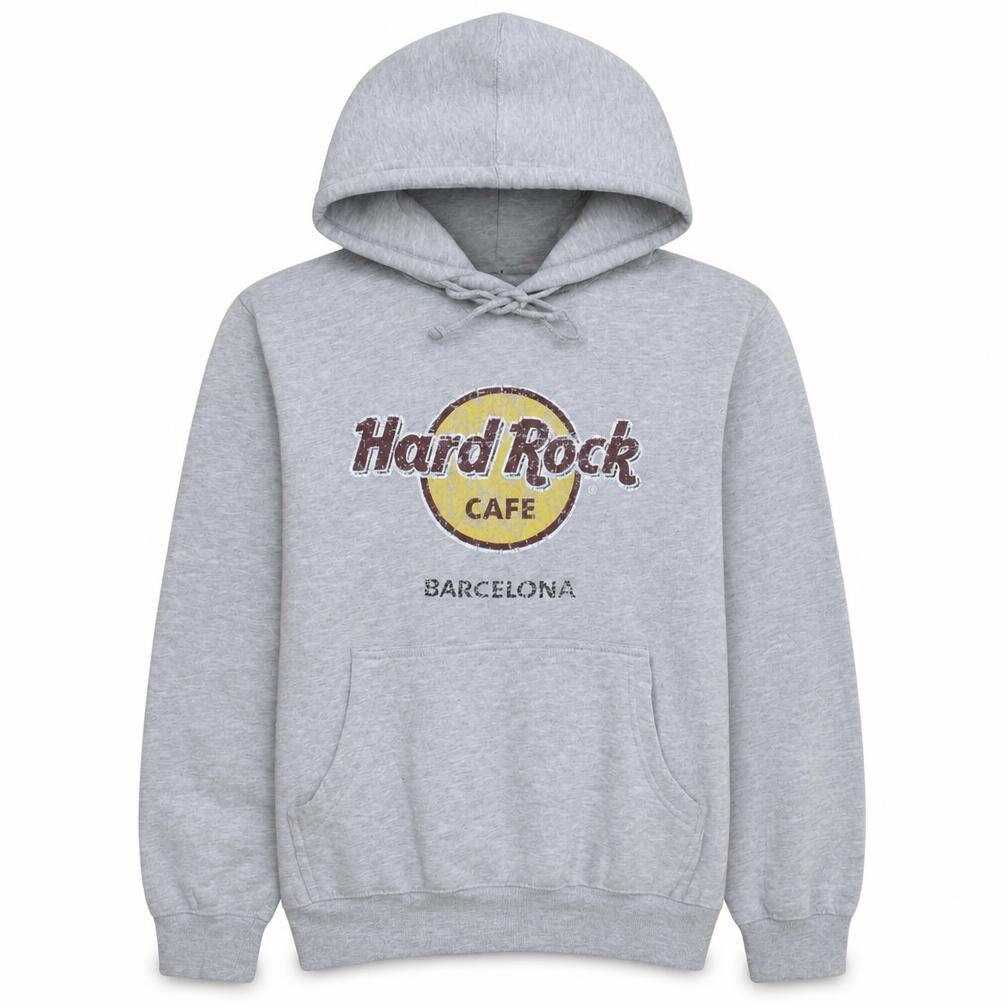 Front view of Hard Rock Cafe Barcelona Men's Grey Pullover Hoodie M