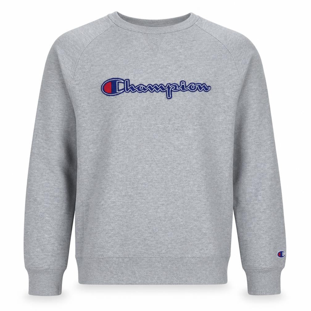 Front view of Champion Men's Grey Embroidered Logo Pullover Sweatshirt Medium