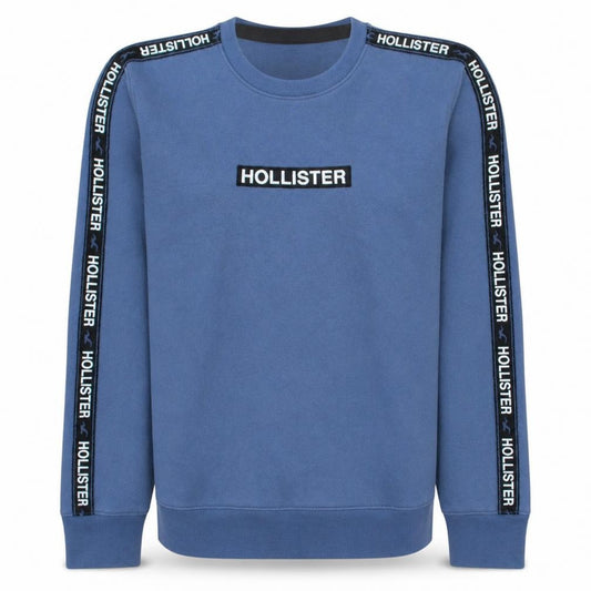 Front view of Hollister Men Blue Logo Tape Pullover Sweatshirt, size S